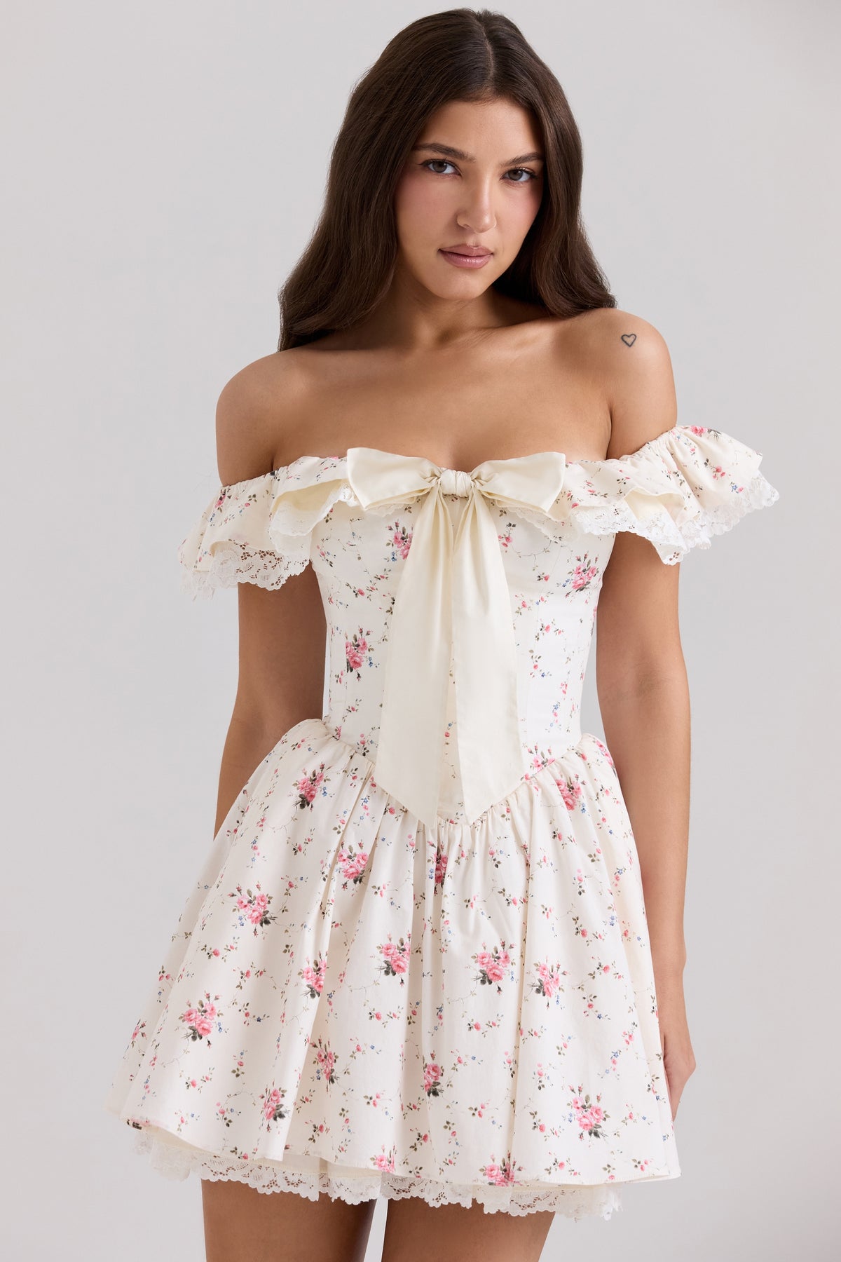 stretch cotton floral print off shoulder corset mini dress