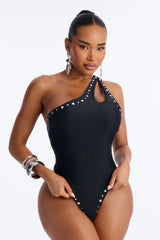Whiskey And Waves Studded Asymmetrical Lace Up 1 Piece Swimsuit - Black