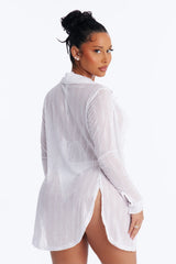 Take It Easy Mesh Cover Up Button Up Shirt - White