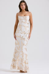 white & gold jacquard satin gown