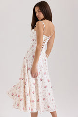 white stretch cotton rose print midi sundress