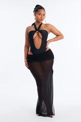 Biayna 1 Piece Halter Cut Out Swimsuit & Cover Up Maxi Skirt Set - Black