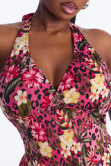 Girly Summer Floral 1 Piece Halter Swimsuit - Pink/combo