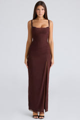 burgundy stretch mesh maxi dress
