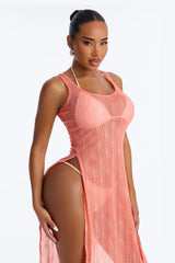 Live In The Moment Mesh Cover Up High Slit Dress - Orange